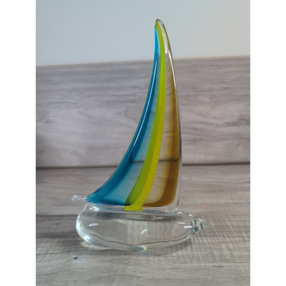 Murano Stile Art Glass Sailboat 8 Blue, Lime Green, and Amber Paperweight